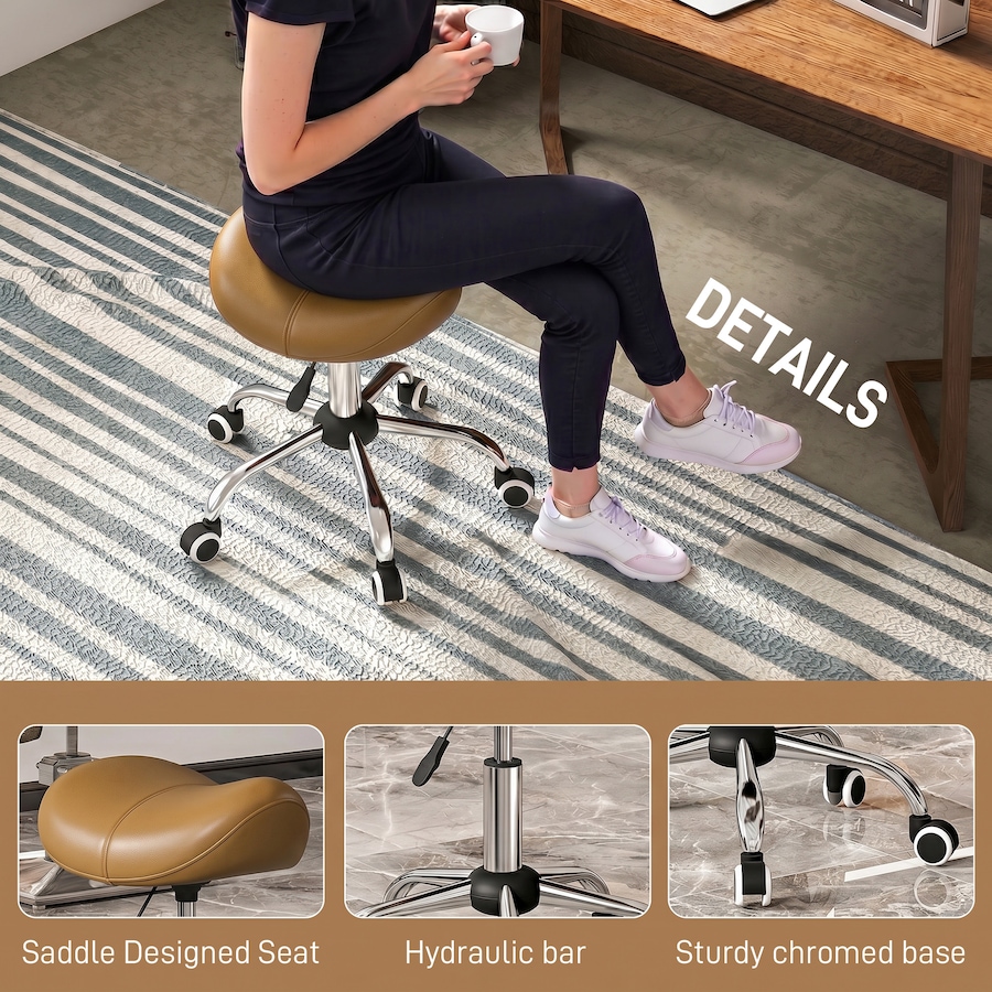 Image 952837_ALTMORE5.jpg, Product 952-837 / Price $64.99, HOMCOM Salon Stool with Wheels, Adjustable Saddle Chair, Light Brown from HOMCOM on TSC.ca's Home & Garden department