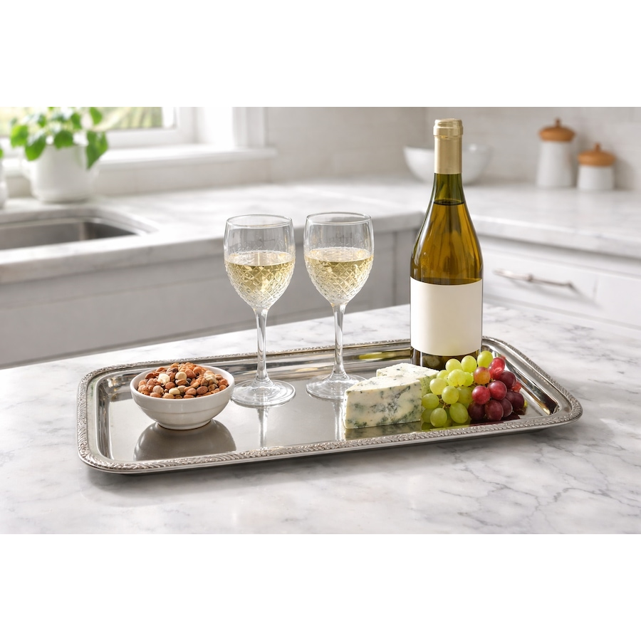 Image 952868_ALTMORE1.jpg, Product 952-868 / Price $109.00, Rectangular Stainless Steel Serving Tray with Textured Designer Rim, 17x9.5" from Elegance Tableware on TSC.ca's Kitchen department