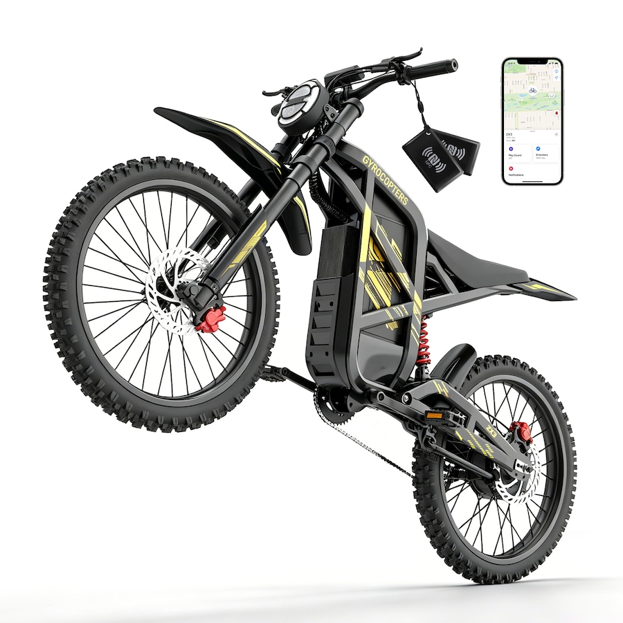 Image 952956.jpg, Product 952-956 / Price $2,599.99, Gyrocopters ZX3 Electric Dirt Bike for Adults, 24” Fat Tires 2800W Peak Motor Mountain E-Bike, 25Ah Speed upto 60km/h PAS Range upto 161kms, NFC Keys, GPS Tracker, Full Suspension from Gyrocopters on TSC.ca's Health & Fitness department