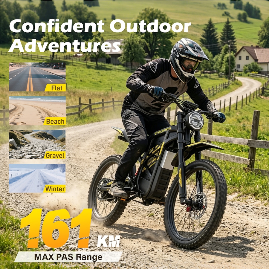 Image 952956_ALTMORE2.jpg, Product 952-956 / Price $2,599.99, Gyrocopters ZX3 Electric Dirt Bike for Adults, 24” Fat Tires 2800W Peak Motor Mountain E-Bike, 25Ah Speed upto 60km/h PAS Range upto 161kms, NFC Keys, GPS Tracker, Full Suspension from Gyrocopters on TSC.ca's Health & Fitness department