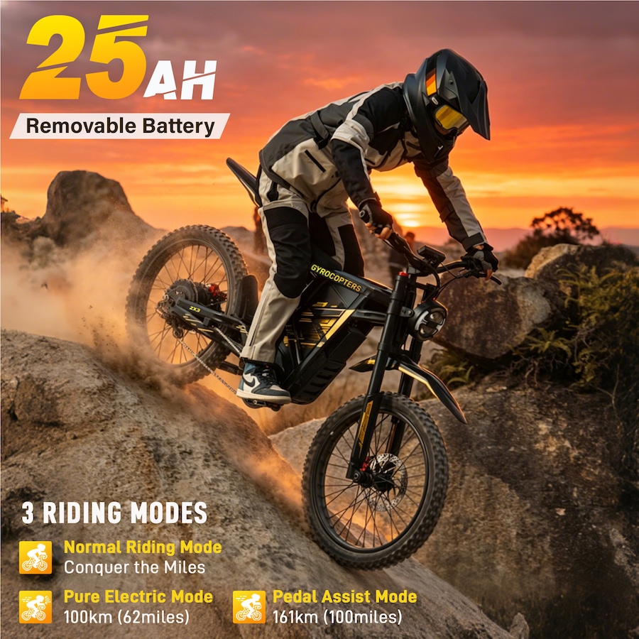 Image 952956_ALTMORE4.jpg, Product 952-956 / Price $2,599.99, Gyrocopters ZX3 Electric Dirt Bike for Adults, 24” Fat Tires 2800W Peak Motor Mountain E-Bike, 25Ah Speed upto 60km/h PAS Range upto 161kms, NFC Keys, GPS Tracker, Full Suspension from Gyrocopters on TSC.ca's Health & Fitness department