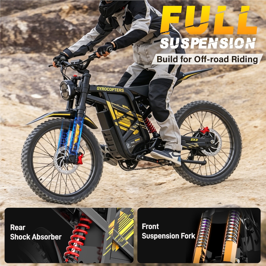 Image 952956_ALTMORE5.jpg, Product 952-956 / Price $2,599.99, Gyrocopters ZX3 Electric Dirt Bike for Adults, 24” Fat Tires 2800W Peak Motor Mountain E-Bike, 25Ah Speed upto 60km/h PAS Range upto 161kms, NFC Keys, GPS Tracker, Full Suspension from Gyrocopters on TSC.ca's Health & Fitness department