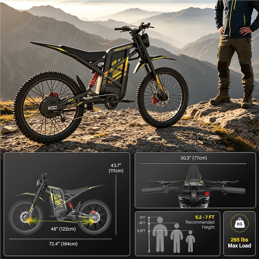 Image 952956_ALTMORE7.jpg, Product 952-956 / Price $2,599.99, Gyrocopters ZX3 Electric Dirt Bike for Adults, 24” Fat Tires 2800W Peak Motor Mountain E-Bike, 25Ah Speed upto 60km/h PAS Range upto 161kms, NFC Keys, GPS Tracker, Full Suspension from Gyrocopters on TSC.ca's Health & Fitness department