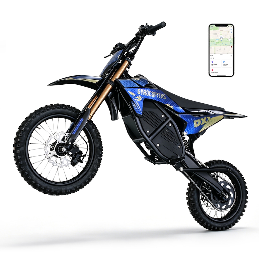 Image 952957.jpg, Product 952-957 / Price $1,954.99, Gyrocopters DX1 Electric Dirt Bike 65 Km/h Max Speed Range upto 83Km 3000W Peak Power, 14" Tires 20.8Ah Battery Heavy-Duty Hydraulic Disc Brakes Full Suspension FREE GPS Tracker from Gyrocopters on TSC.ca's Health & Fitness department