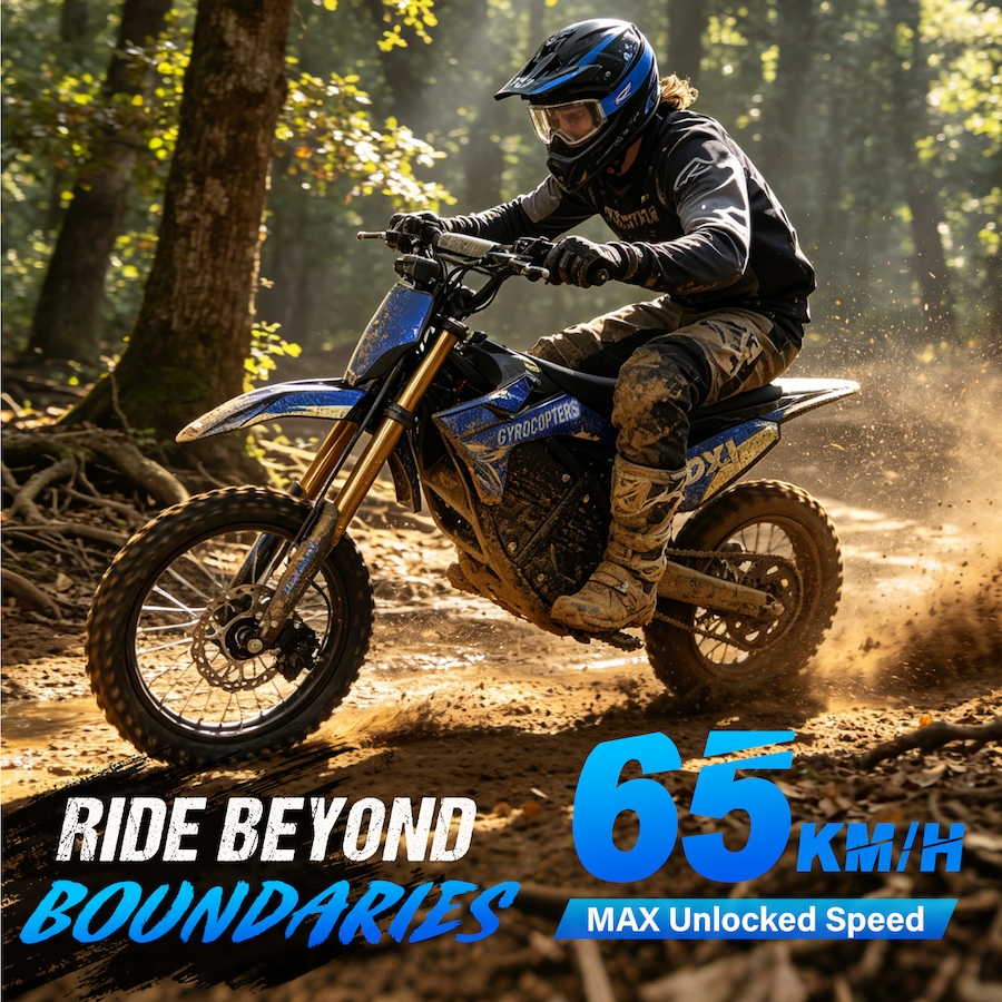 Image 952957_ALTMORE1.jpg, Product 952-957 / Price $1,954.99, Gyrocopters DX1 Electric Dirt Bike 65 Km/h Max Speed Range upto 83Km 3000W Peak Power, 14" Tires 20.8Ah Battery Heavy-Duty Hydraulic Disc Brakes Full Suspension FREE GPS Tracker from Gyrocopters on TSC.ca's Health & Fitness department