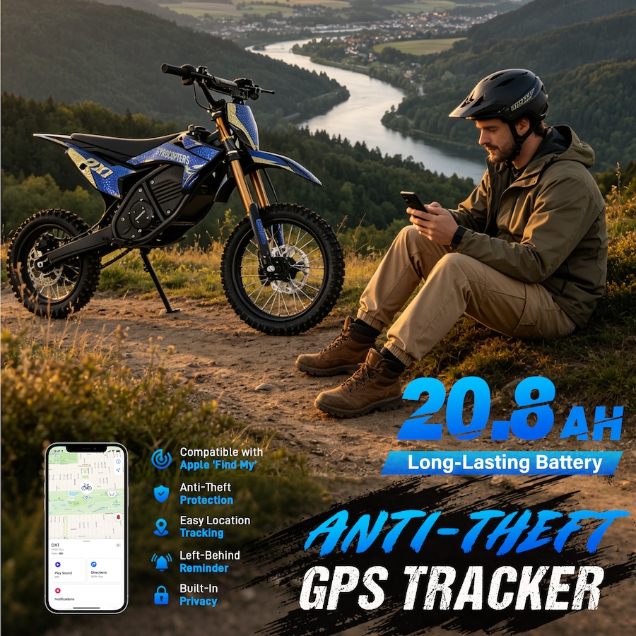 Image 952957_ALTMORE4.jpg, Product 952-957 / Price $1,954.99, Gyrocopters DX1 Electric Dirt Bike 65 Km/h Max Speed Range upto 83Km 3000W Peak Power, 14" Tires 20.8Ah Battery Heavy-Duty Hydraulic Disc Brakes Full Suspension FREE GPS Tracker from Gyrocopters on TSC.ca's Health & Fitness department