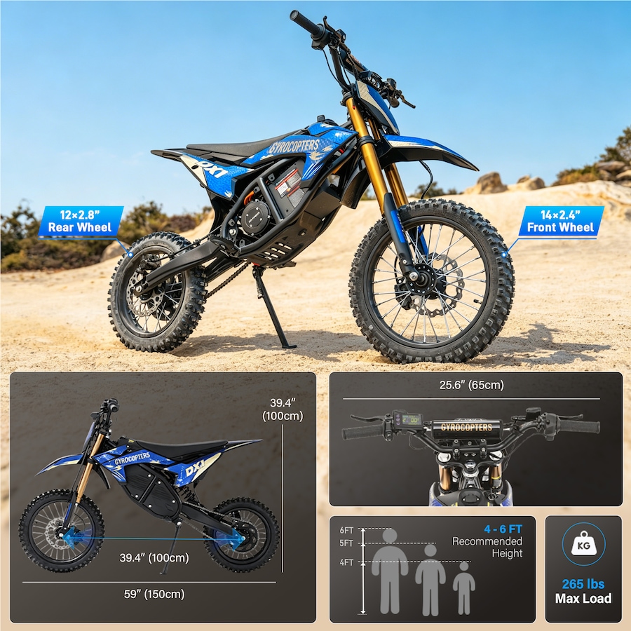 Image 952957_ALTMORE7.jpg, Product 952-957 / Price $1,954.99, Gyrocopters DX1 Electric Dirt Bike 65 Km/h Max Speed Range upto 83Km 3000W Peak Power, 14" Tires 20.8Ah Battery Heavy-Duty Hydraulic Disc Brakes Full Suspension FREE GPS Tracker from Gyrocopters on TSC.ca's Health & Fitness department