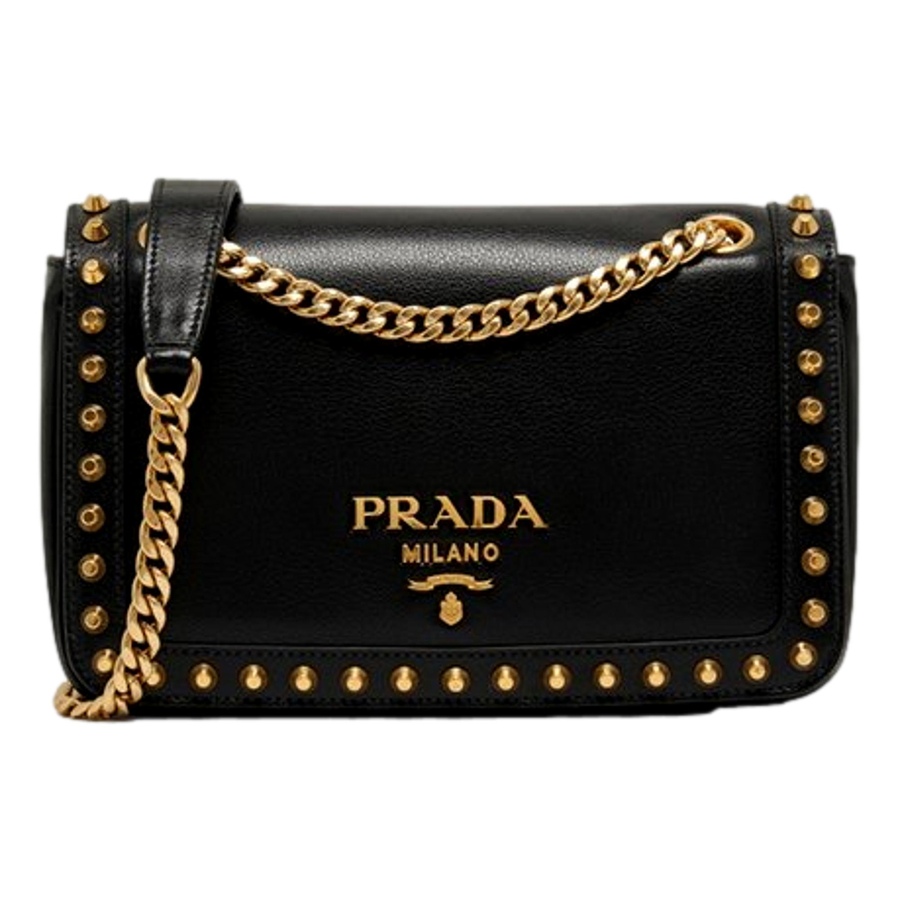 Image 953514.jpg, Product 953-514 / Price $4,762.00, Prada Pattina Black Glace Calf Leather Studded Flap Crossbody Bag Gold Chain from Prada on TSC.ca's Fashion department