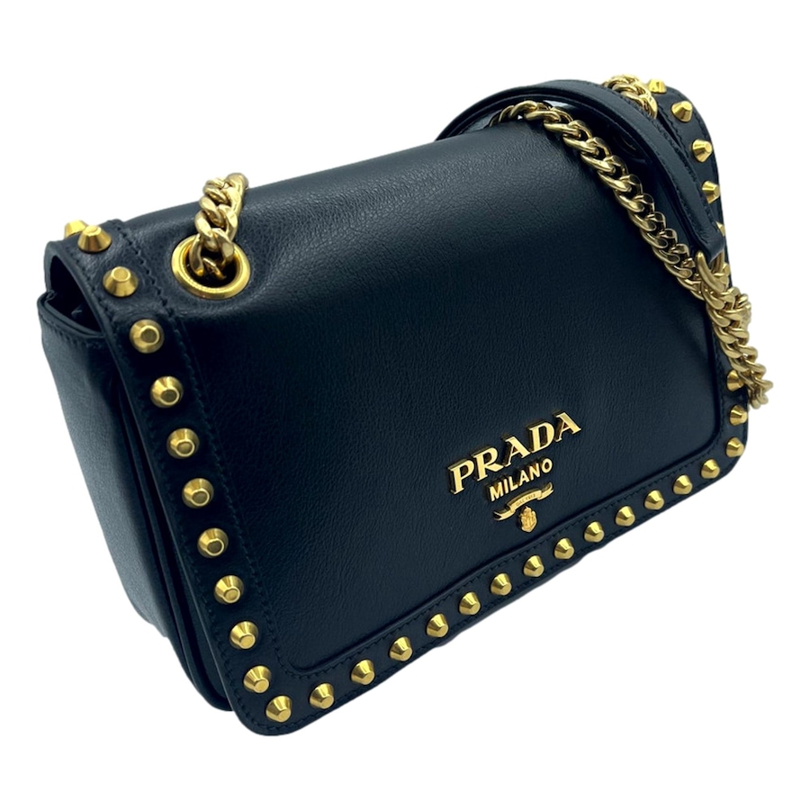 Image 953514_ALTMORE1.jpg, Product 953-514 / Price $4,762.00, Prada Pattina Black Glace Calf Leather Studded Flap Crossbody Bag Gold Chain from Prada on TSC.ca's Fashion department