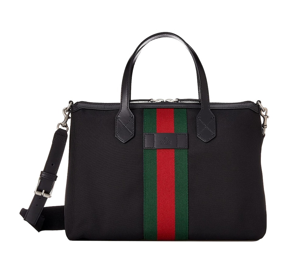 Image 953720.jpg, Product 953-720 / Price $3,498.00, Gucci Techno Web Stripe Black Canvas Large Duffle Bag Crossbody Travel Bag from Gucci on TSC.ca's Fashion department