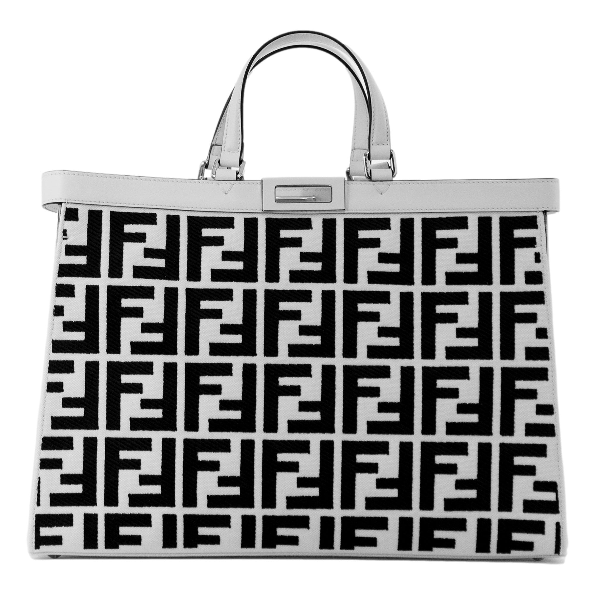 Fendi FF Canvas X-Tote Bag Black White Leather Trim Turn Lock - TSC.ca