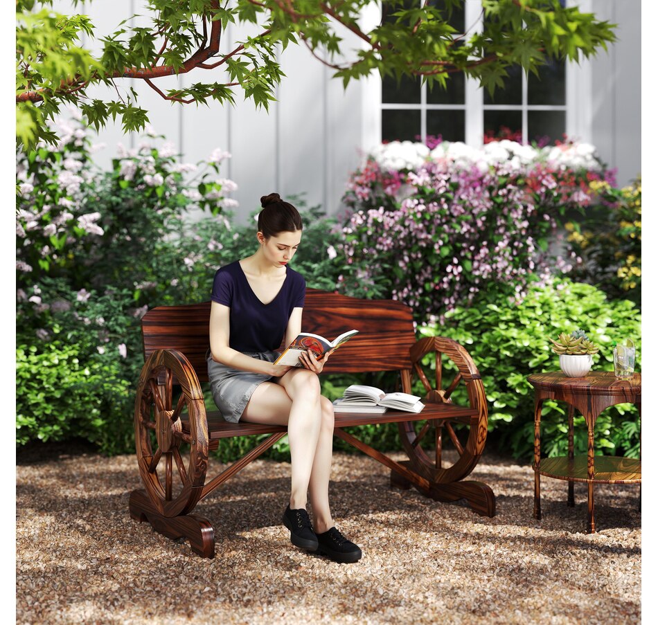 Image 962255_ALTMORE1.jpg, Product 962-255 / Price $149.99, Outsunny Wooden Outdoor Bench, Wagon Wheel Patio Loveseat, Carbonized from Outsunny on TSC.ca's Home & Garden department