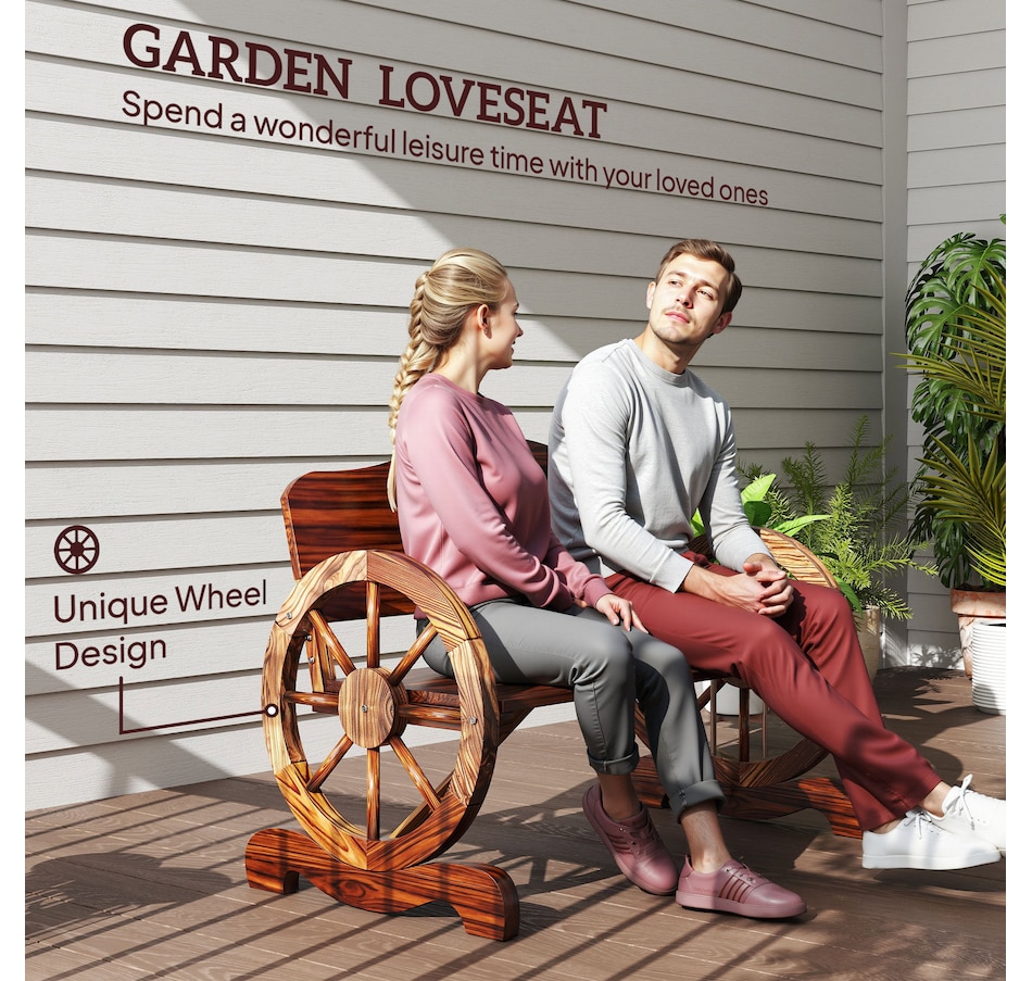 Image 962255_ALTMORE3.jpg, Product 962-255 / Price $149.99, Outsunny Wooden Outdoor Bench, Wagon Wheel Patio Loveseat, Carbonized from Outsunny on TSC.ca's Home & Garden department