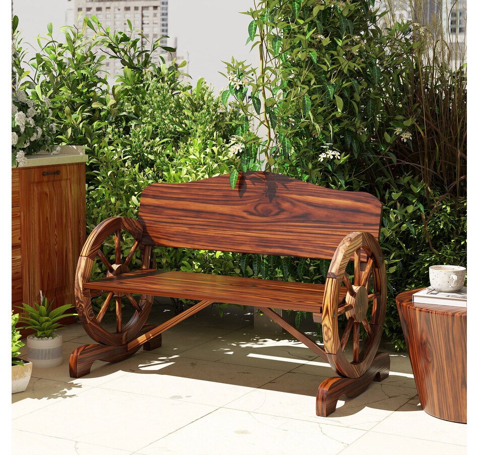 Image 962255_ALTMORE5.jpg, Product 962-255 / Price $149.99, Outsunny Wooden Outdoor Bench, Wagon Wheel Patio Loveseat, Carbonized from Outsunny on TSC.ca's Home & Garden department