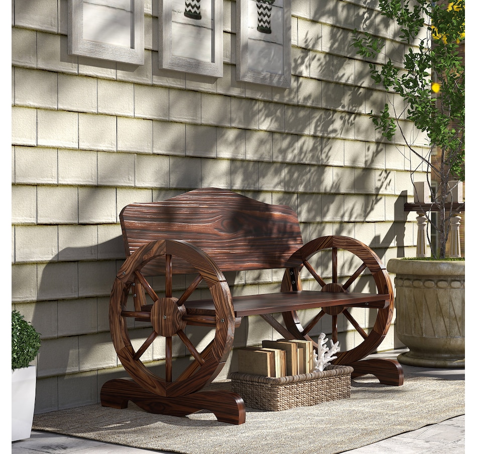 Image 962255_ALTMORE6.jpg, Product 962-255 / Price $149.99, Outsunny Wooden Outdoor Bench, Wagon Wheel Patio Loveseat, Carbonized from Outsunny on TSC.ca's Home & Garden department