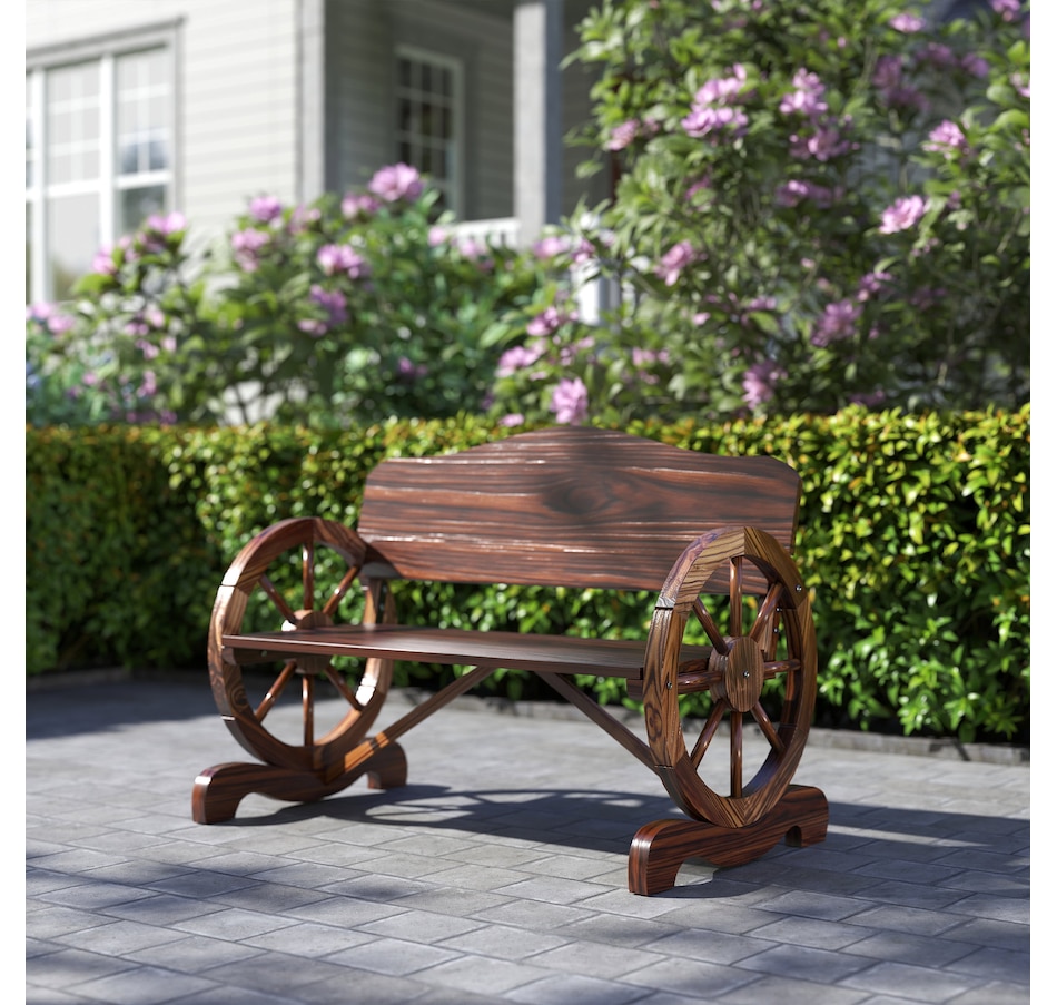 Image 962255_ALTMORE7.jpg, Product 962-255 / Price $149.99, Outsunny Wooden Outdoor Bench, Wagon Wheel Patio Loveseat, Carbonized from Outsunny on TSC.ca's Home & Garden department