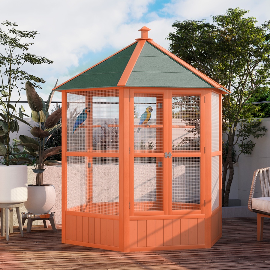 Image 962305_ALTMORE1.jpg, Product 962-305 / Price $319.99, PawHut 70"H Wooden Bird Cage Hexagonal Outdoor Aviary with Doors, Brown from PawHut on TSC.ca's Home & Garden department