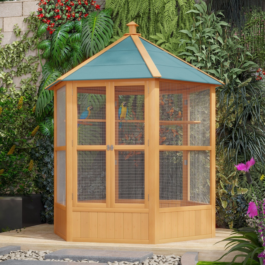 Image 962305_ALTMORE6.jpg, Product 962-305 / Price $319.99, PawHut 70"H Wooden Bird Cage Hexagonal Outdoor Aviary with Doors, Brown from PawHut on TSC.ca's Home & Garden department