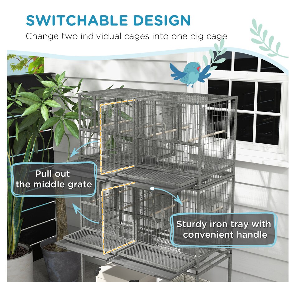 Image 962409_ALTMORE6.jpg, Product 962-409 / Price $329.99, PawHut 61" Large Double Rolling Metal Bird Cage Bird House Grey from PawHut on TSC.ca's Home & Garden department