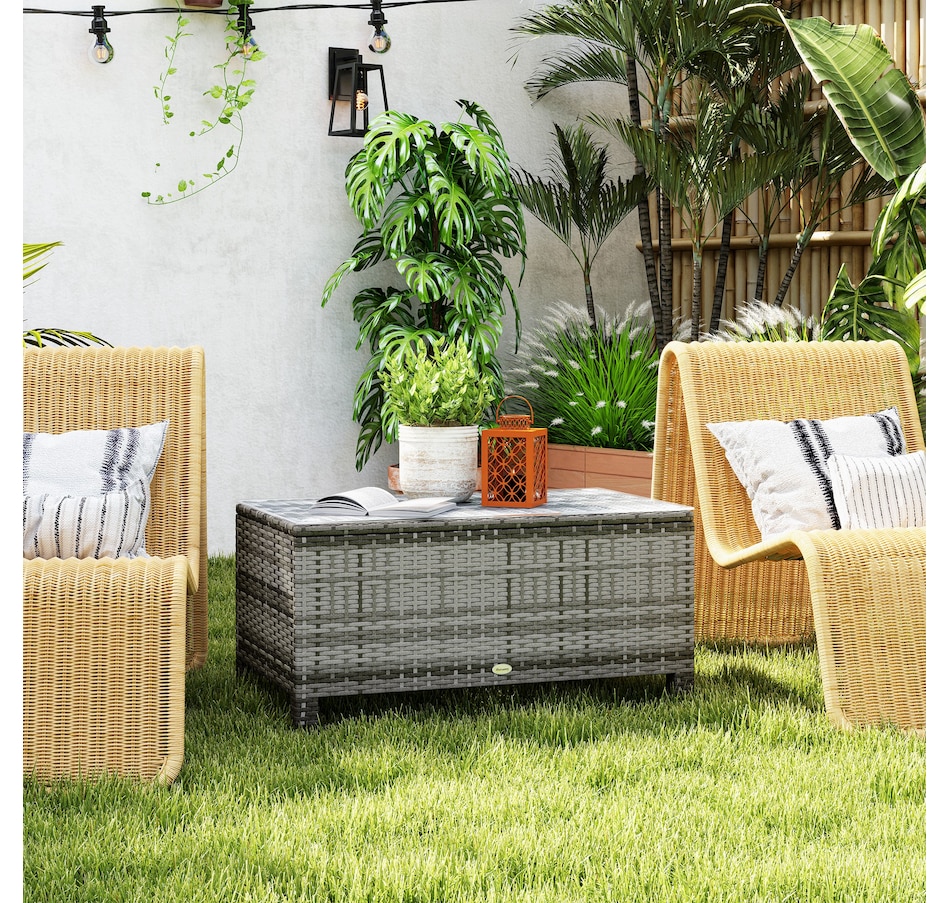 Image 964368_ALTMORE1.jpg, Product 964-368 / Price $119.99, Outsunny Rattan Outdoor Coffee Table with Tempered Glass Top, Grey from Outsunny on TSC.ca's Home & Garden department
