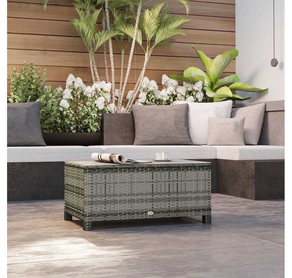 Image 964368_ALTMORE8.jpg, Product 964-368 / Price $119.99, Outsunny Rattan Outdoor Coffee Table with Tempered Glass Top, Grey from Outsunny on TSC.ca's Home & Garden department