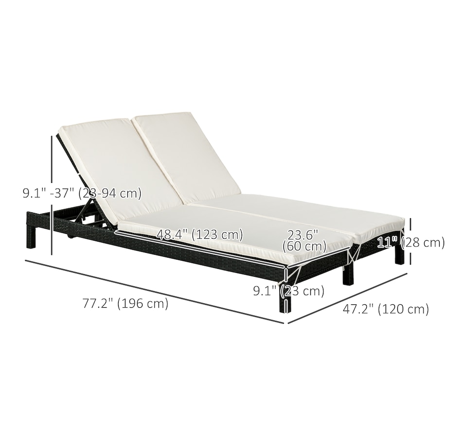 Image 964471_ALTMORE10.jpg, Product 964-471 / Price $319.99 - $339.99, Outsunny Wicker Double Chaise Lounge Chair Outdoor Recliner 2 Person Rattan Patio Reclining Sunbed Furniture Cushioned w/Adjustable Backrest from Outsunny on TSC.ca's Home & Garden department