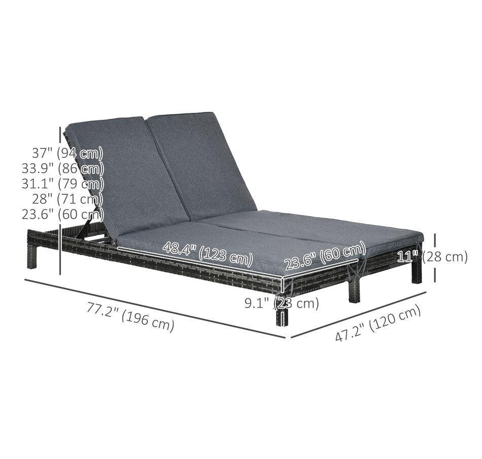 Image 964471_ALTMORE2.jpg, Product 964-471 / Price $319.99 - $339.99, Outsunny Wicker Double Chaise Lounge Chair Outdoor Recliner 2 Person Rattan Patio Reclining Sunbed Furniture Cushioned w/Adjustable Backrest from Outsunny on TSC.ca's Home & Garden department