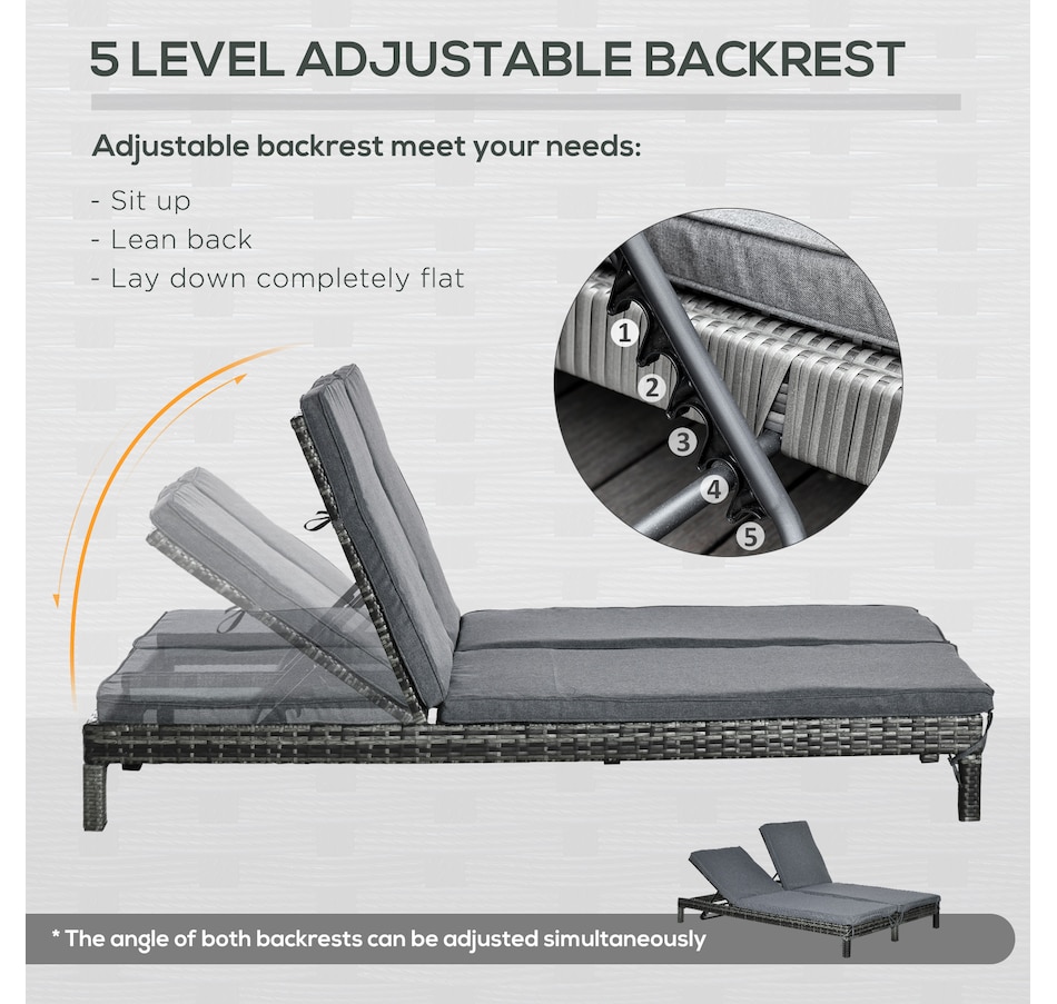 Image 964471_ALTMORE4.jpg, Product 964-471 / Price $319.99 - $339.99, Outsunny Wicker Double Chaise Lounge Chair Outdoor Recliner 2 Person Rattan Patio Reclining Sunbed Furniture Cushioned w/Adjustable Backrest from Outsunny on TSC.ca's Home & Garden department