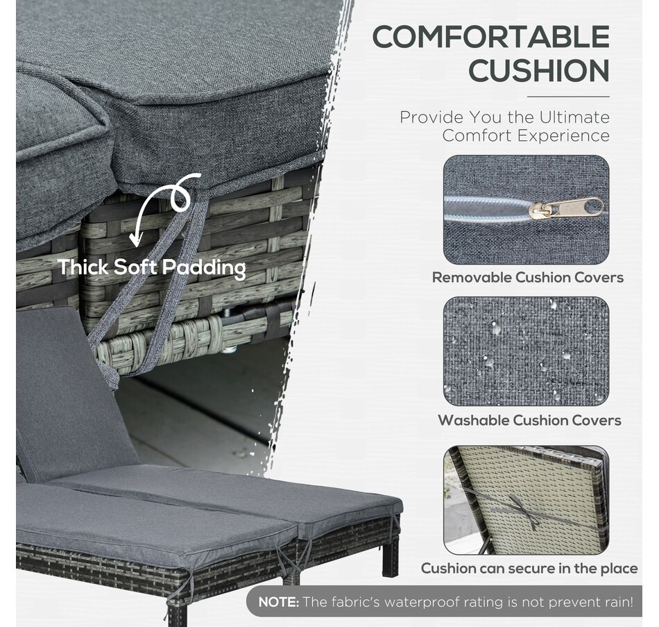 Image 964471_ALTMORE5.jpg, Product 964-471 / Price $319.99 - $339.99, Outsunny Wicker Double Chaise Lounge Chair Outdoor Recliner 2 Person Rattan Patio Reclining Sunbed Furniture Cushioned w/Adjustable Backrest from Outsunny on TSC.ca's Home & Garden department