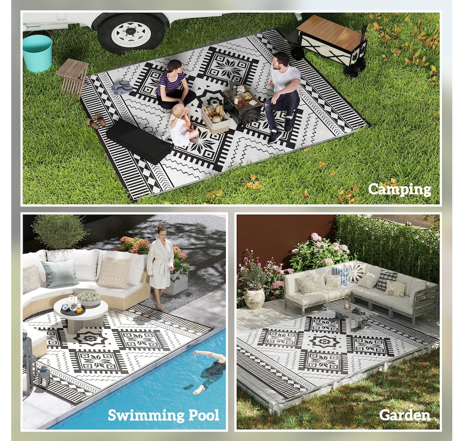 Image 964485_ALTMORE4.jpg, Product 964-485 / Price $89.99, Outsunny 9' x 12' Reversible Outdoor Rug, Toothed Rhombus, White, Black from Outsunny on TSC.ca's Home & Garden department