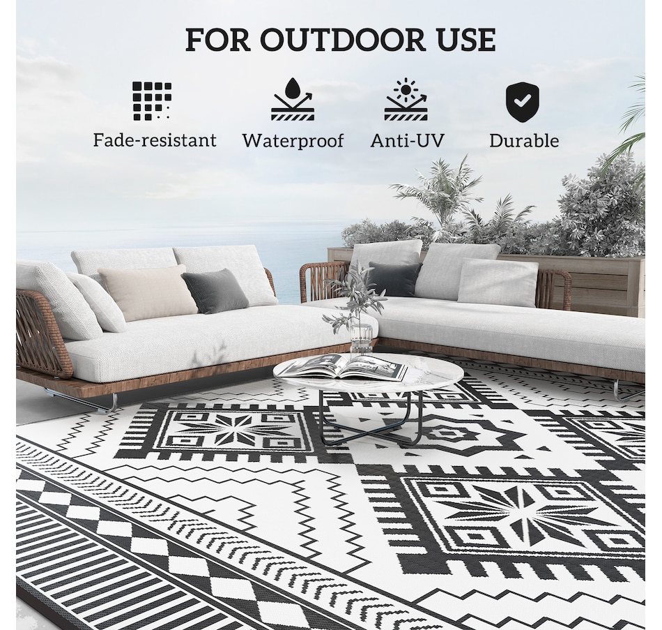 Image 964485_ALTMORE5.jpg, Product 964-485 / Price $89.99, Outsunny 9' x 12' Reversible Outdoor Rug, Toothed Rhombus, White, Black from Outsunny on TSC.ca's Home & Garden department