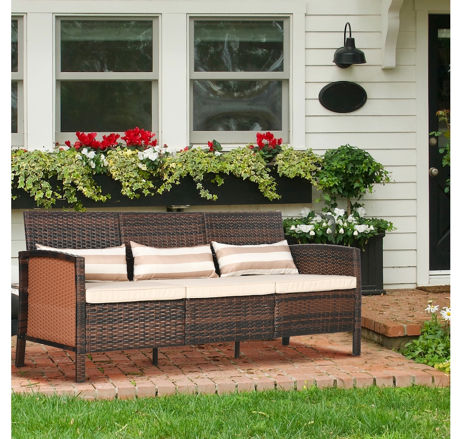 Image 964529_ALTMORE1.jpg, Product 964-529 / Price $264.99, Outsunny 3-Seater Wicker Outdoor Sofa, Cushioned Rattan Patio Couch, Brown from Outsunny on TSC.ca's Home & Garden department