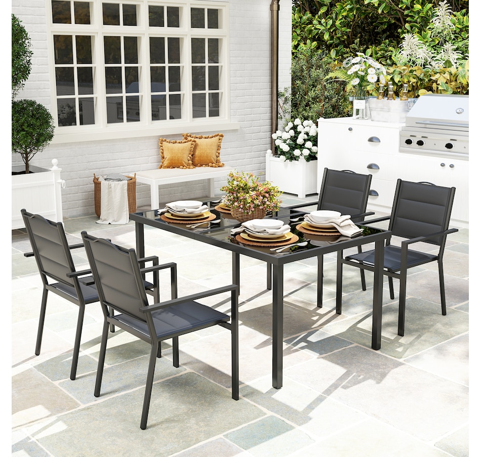Image 964552_ALTMORE1.jpg, Product 964-552 / Price $409.99, Outsunny 5PCs Outdoor Dining Set w/ 4 Stackable Chairs & Tempered Glass Top from Outsunny on TSC.ca's Home & Garden department