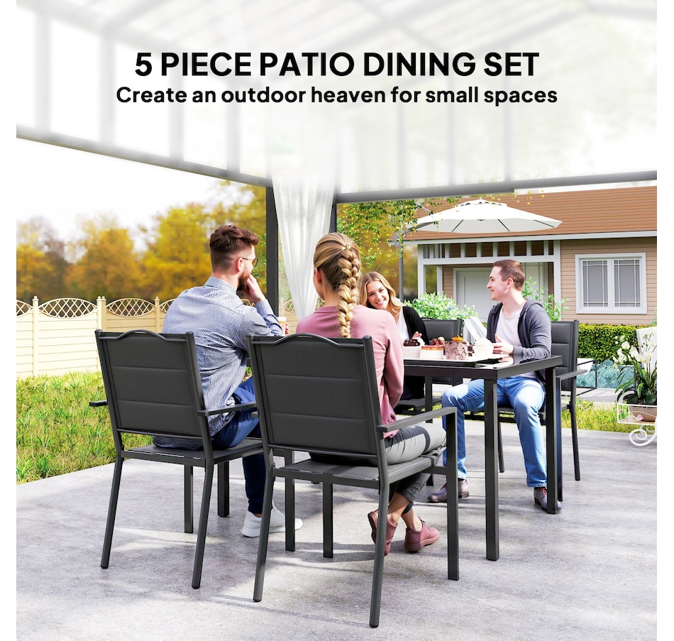 Image 964552_ALTMORE3.jpg, Product 964-552 / Price $409.99, Outsunny 5PCs Outdoor Dining Set w/ 4 Stackable Chairs & Tempered Glass Top from Outsunny on TSC.ca's Home & Garden department