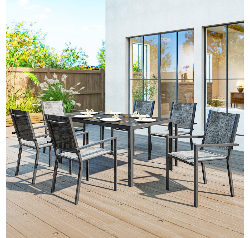 Image 964586_ALTMORE1.jpg, Product 964-586 / Price $449.99, Outsunny 7 Piece Outdoor Dining Set w/ 6 Stackable Chairs & Rectangle Table from Outsunny on TSC.ca's Home & Garden department