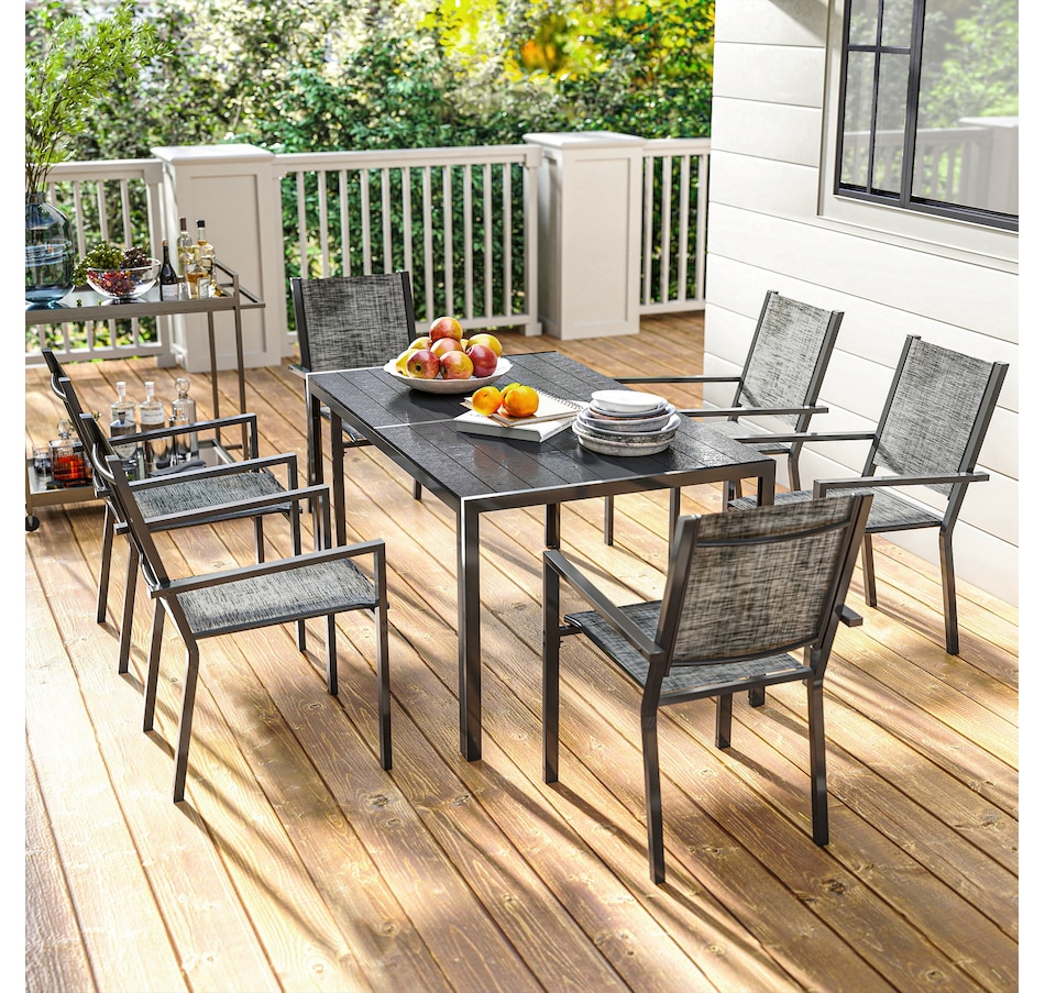 Image 964586_ALTMORE7.jpg, Product 964-586 / Price $449.99, Outsunny 7 Piece Outdoor Dining Set w/ 6 Stackable Chairs & Rectangle Table from Outsunny on TSC.ca's Home & Garden department