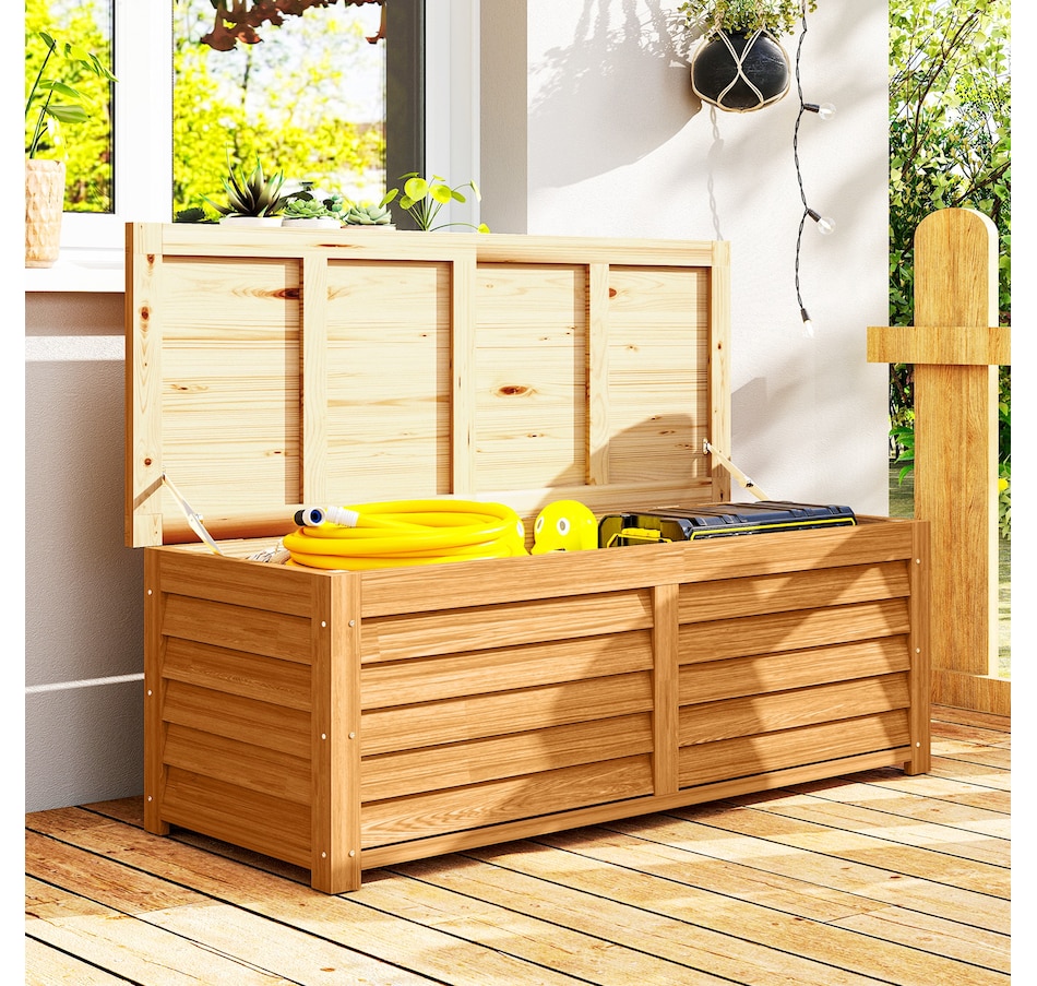Image 964717.jpg, Product 964-717 / Price $159.99, Outsunny 176L Outdoor Deck Box with 2 Safety Hinges for Porch Light Brown from Outsunny on TSC.ca's Home & Garden department