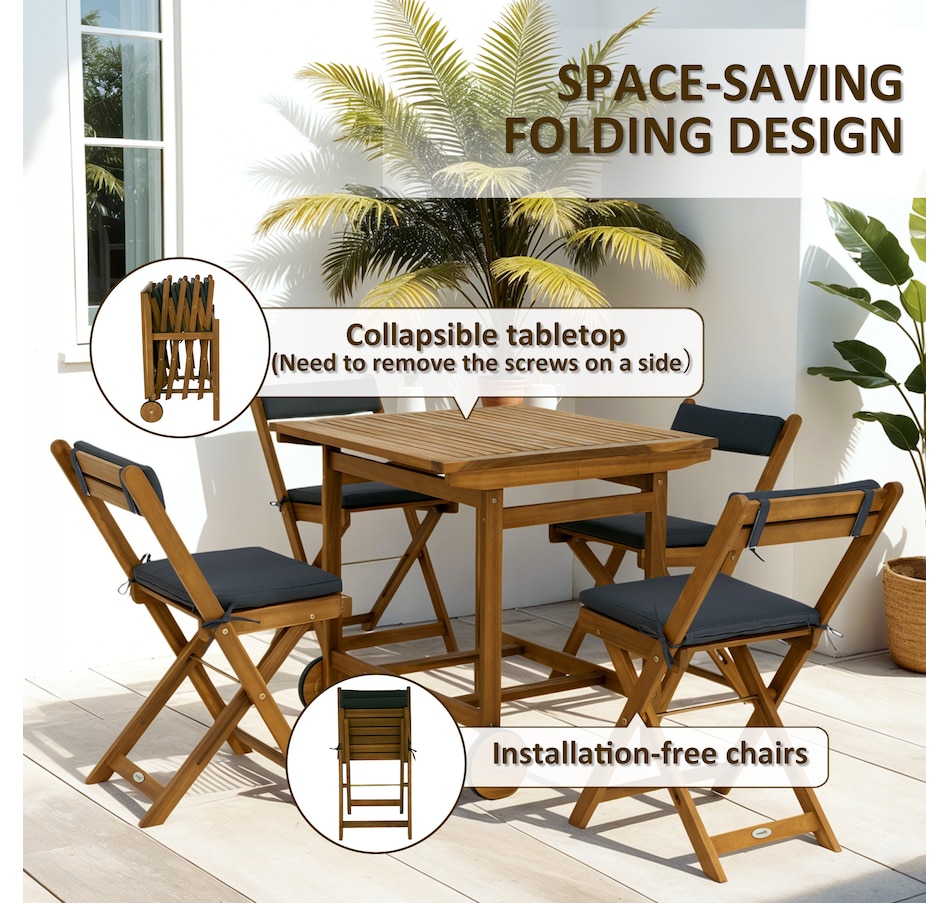 Image 964721_ALTMORE3.jpg, Product 964-721 / Price $209.99, Outsunny Movable Wood Patio Dining Set with Folding Chairs, Cushions from Outsunny on TSC.ca's Home & Garden department
