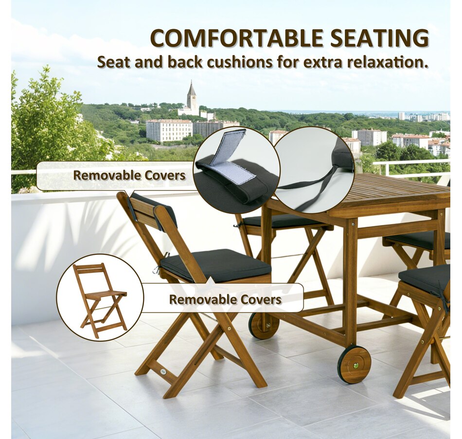 Image 964721_ALTMORE5.jpg, Product 964-721 / Price $209.99, Outsunny Movable Wood Patio Dining Set with Folding Chairs, Cushions from Outsunny on TSC.ca's Home & Garden department