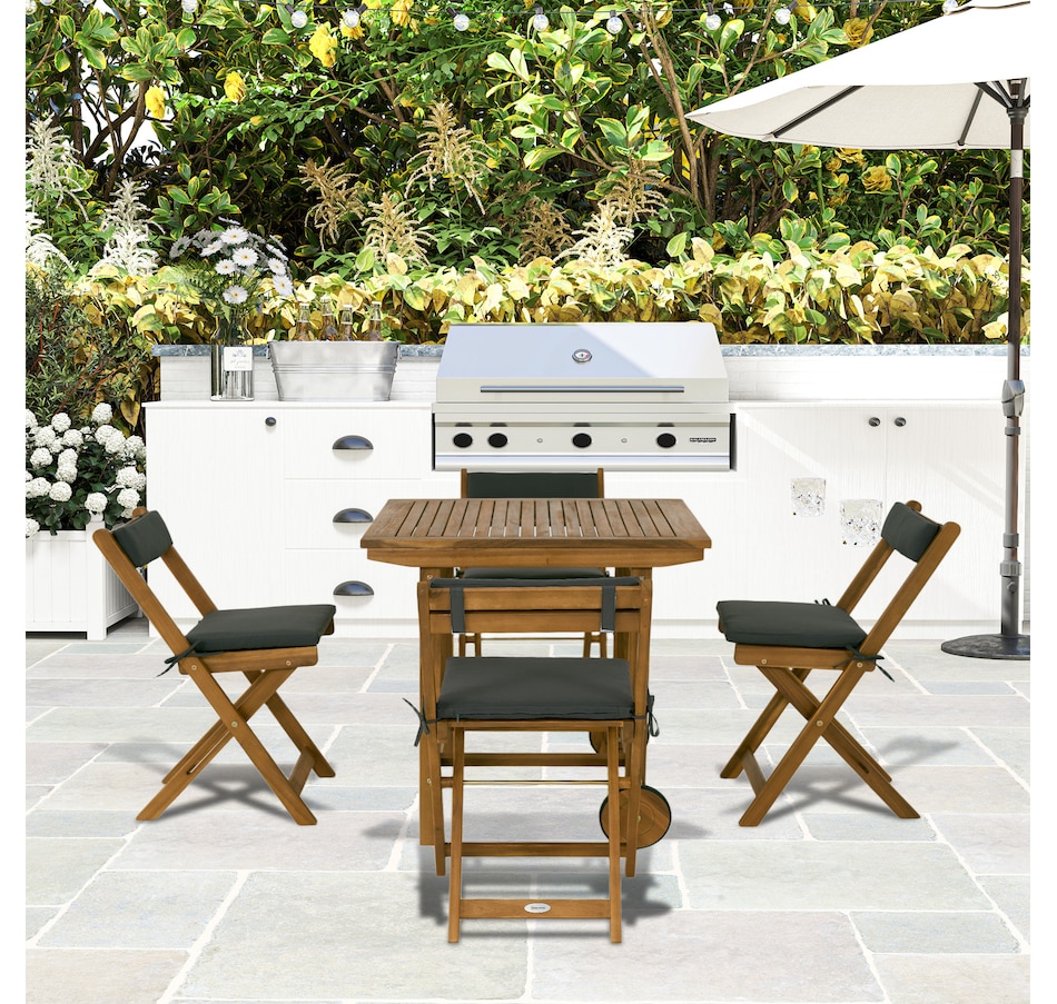 Image 964721_ALTMORE7.jpg, Product 964-721 / Price $209.99, Outsunny Movable Wood Patio Dining Set with Folding Chairs, Cushions from Outsunny on TSC.ca's Home & Garden department