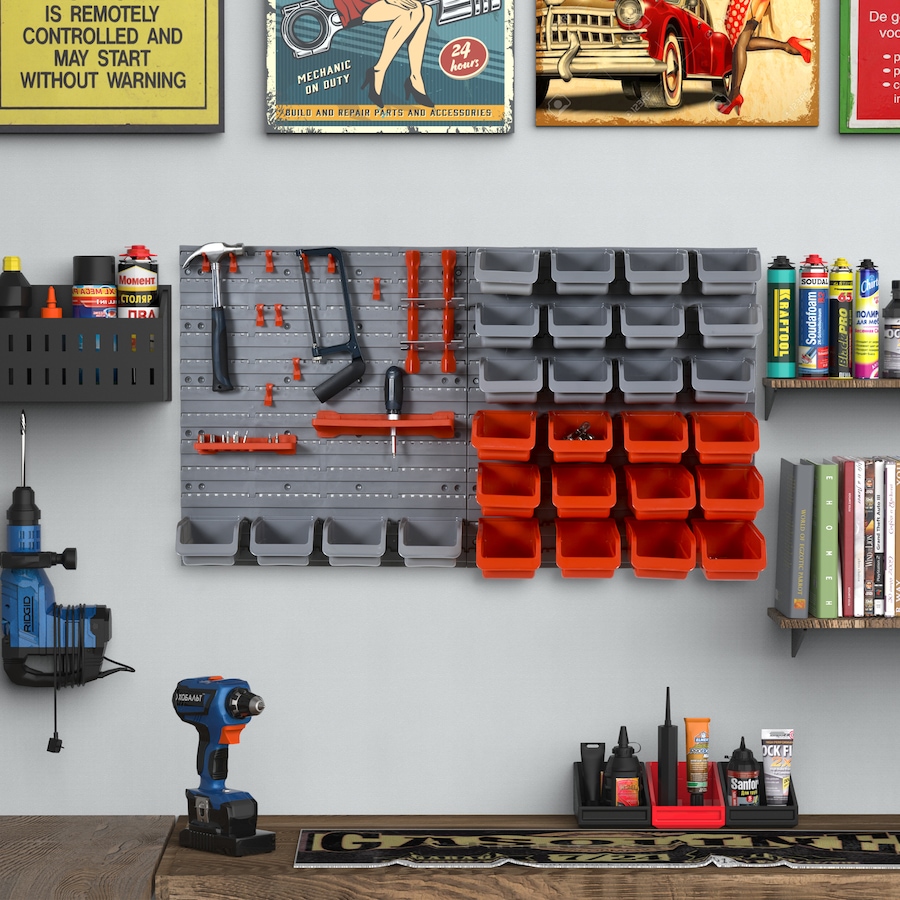 Image 964747_ALTMORE9.jpg, Product 964-747 / Price $51.49, DURHAND 44PC Wall Mounted Storage Bins Parts Rack Kit with Pegboard Orange from DURHAND on TSC.ca's Home & Garden department
