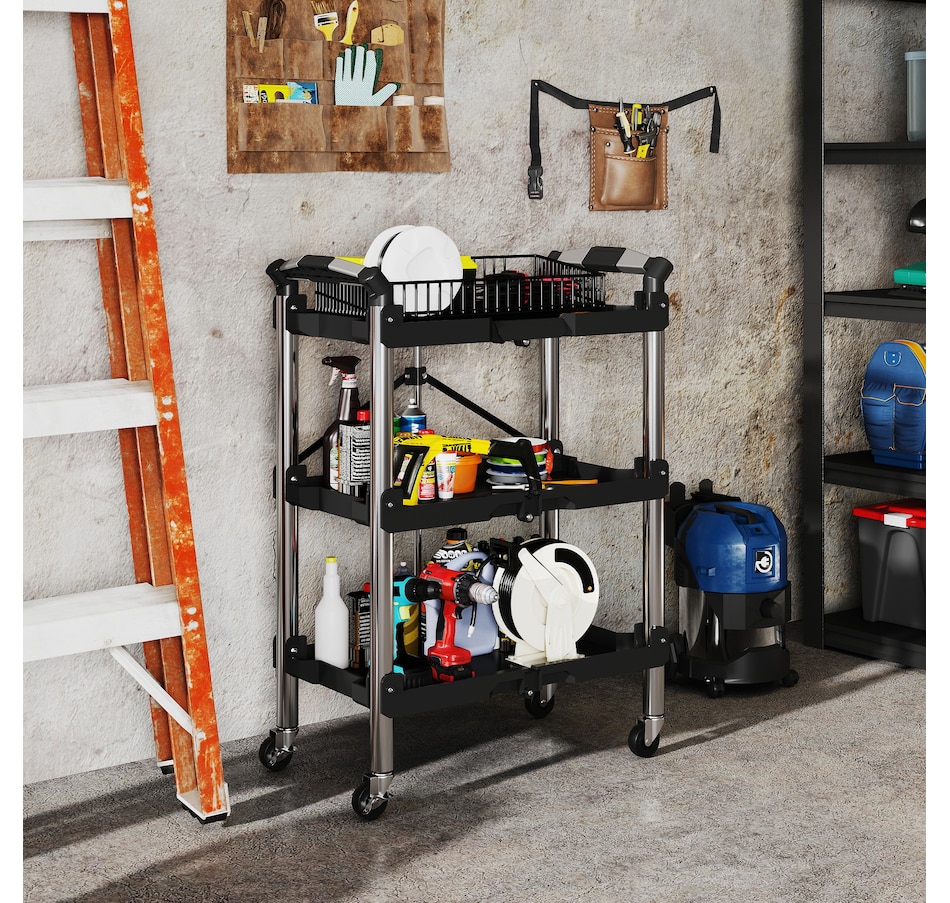Image 964751_ALTMORE1.jpg, Product 964-751 / Price $109.99, HOMCOM 3-Tier Collapsible Tool Cart with Wheels, Folding Utility Cart Black from HOMCOM on TSC.ca's Home & Garden department