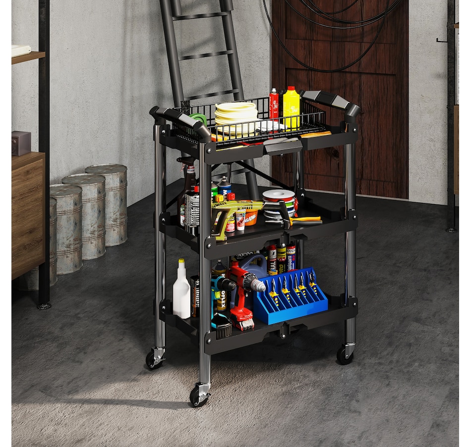 Image 964751_ALTMORE7.jpg, Product 964-751 / Price $109.99, HOMCOM 3-Tier Collapsible Tool Cart with Wheels, Folding Utility Cart Black from HOMCOM on TSC.ca's Home & Garden department