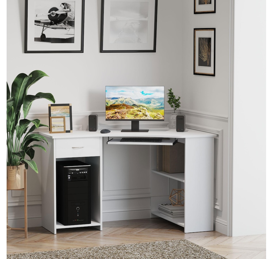 Image 964759_ALTMORE1.jpg, Product 964-759 / Price $139.99, HOMCOM L-Shaped Corner Computer Desk w/ 2 Shelves Keyboard Tray White from HOMCOM on TSC.ca's Home & Garden department