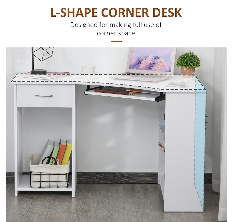 Image 964759_ALTMORE3.jpg, Product 964-759 / Price $139.99, HOMCOM L-Shaped Corner Computer Desk w/ 2 Shelves Keyboard Tray White from HOMCOM on TSC.ca's Home & Garden department