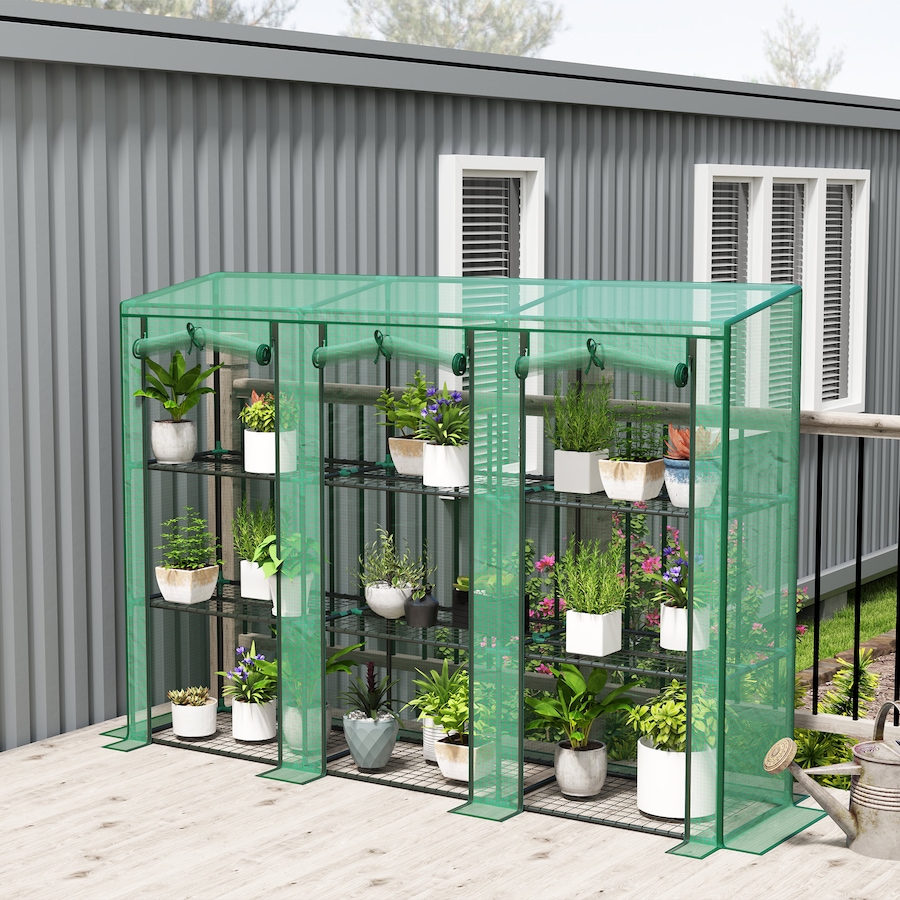 Image 964840_ALTMORE1.jpg, Product 964-840 / Price $79.99, Outsunny Lean-to Mini Greenhouse w/ 3 Tier Shelves, 3 Roll-Up Doors, Green from Outsunny on TSC.ca's Home & Garden department