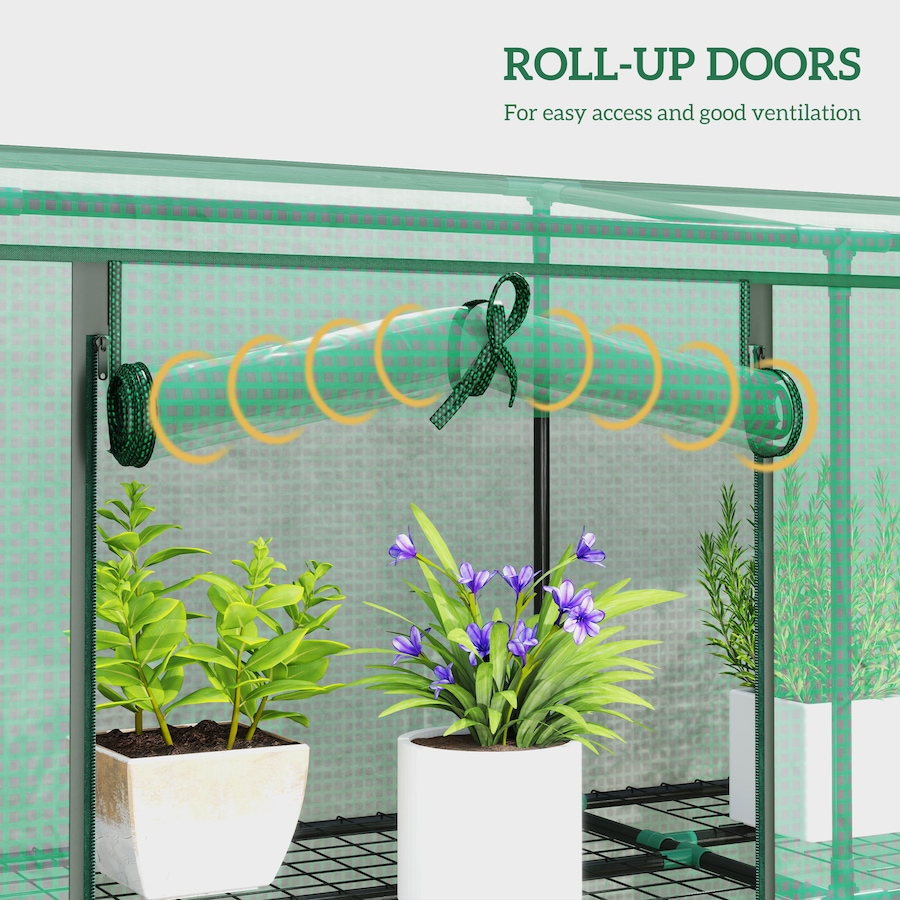 Image 964840_ALTMORE5.jpg, Product 964-840 / Price $79.99, Outsunny Lean-to Mini Greenhouse w/ 3 Tier Shelves, 3 Roll-Up Doors, Green from Outsunny on TSC.ca's Home & Garden department