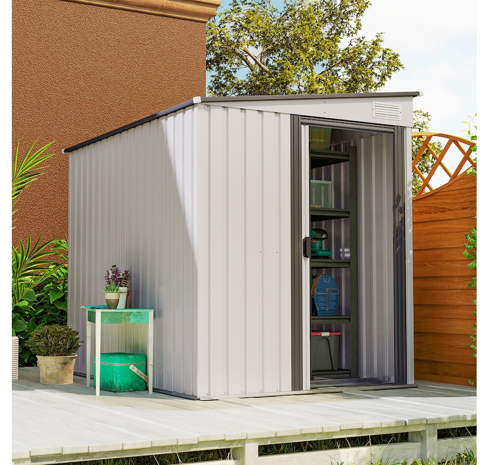 Image 964889_ALTMORE9.jpg, Product 964-889 / Price $409.99, Outsunny 5 x 7FT Lean to Outdoor Storage Shed w/ Foundation, White from Outsunny on TSC.ca's Home & Garden department