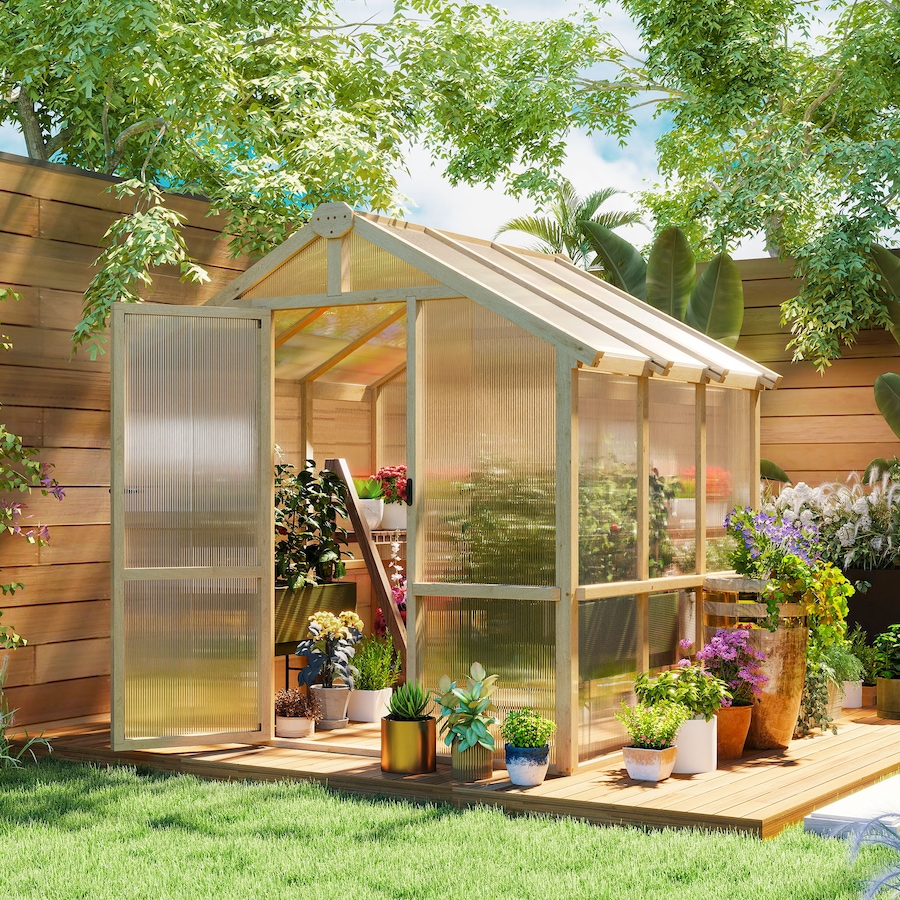 Image 964971_ALTMORE1.jpg, Product 964-971 / Price $569.99, Outsunny 6.6 x 6ft Polycarbonate Greenhouse Walk-in Wooden Green House from Outsunny on TSC.ca's Home & Garden department