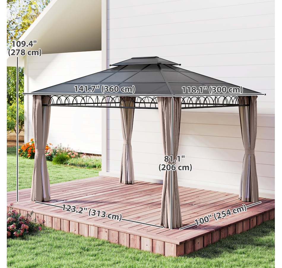 Image 964973_ALTMORE10.jpg, Product 964-973 / Price $879.99, Outsunny 10' x 12' Double Roof Hardtop Gazebo with Nettings Curtains Khaki from Outsunny on TSC.ca's Home & Garden department